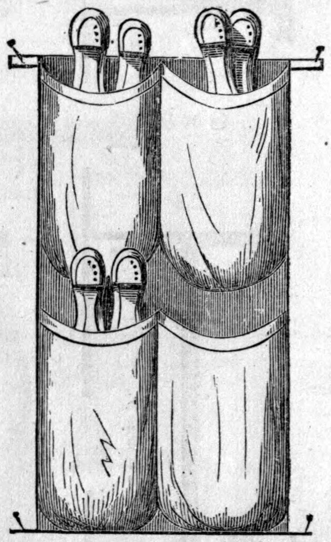 Fig. 19. — The shoe-bag: a hanging cloth strip pinned at top and bottom, with four deep pockets in two rows, three of them holding the heels and toes of pairs of shoes.