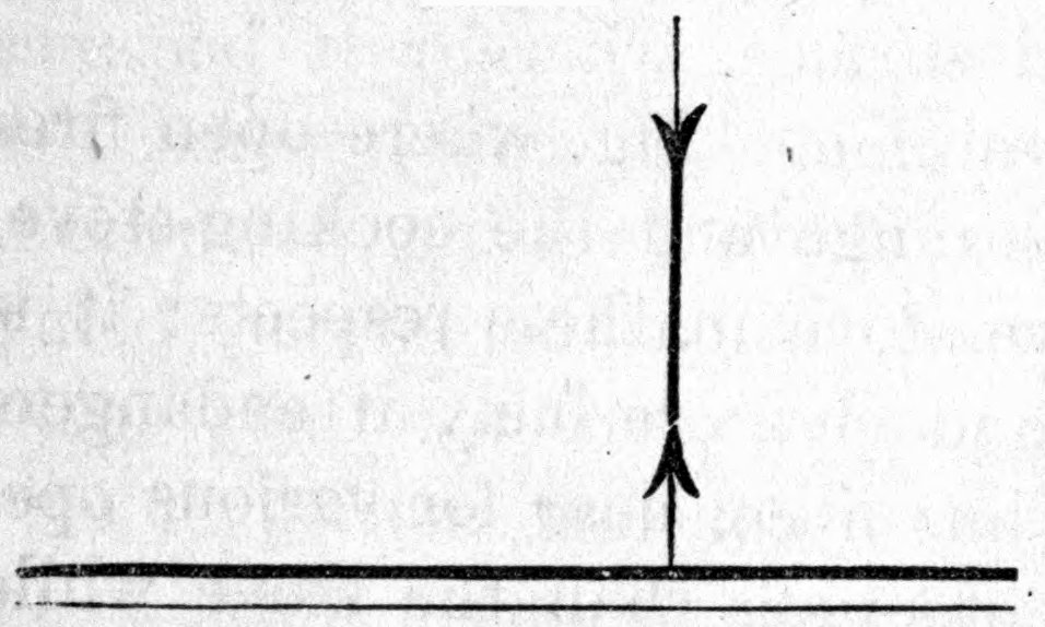 Fig. 31. — A ray of heat strikes a flat surface straight on, shown as a vertical arrow going down and another coming straight back up from the same point.