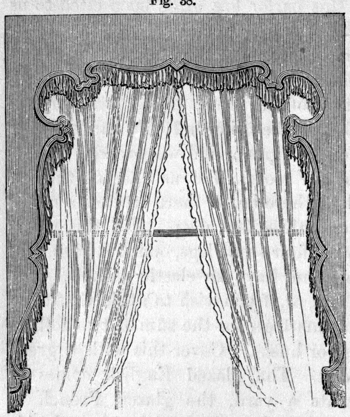 Fig. 38. — A window hung with white muslin curtains parted in the middle, framed by a fringed lambrequin that runs across the top and down both sides in curving, scalloped edges.