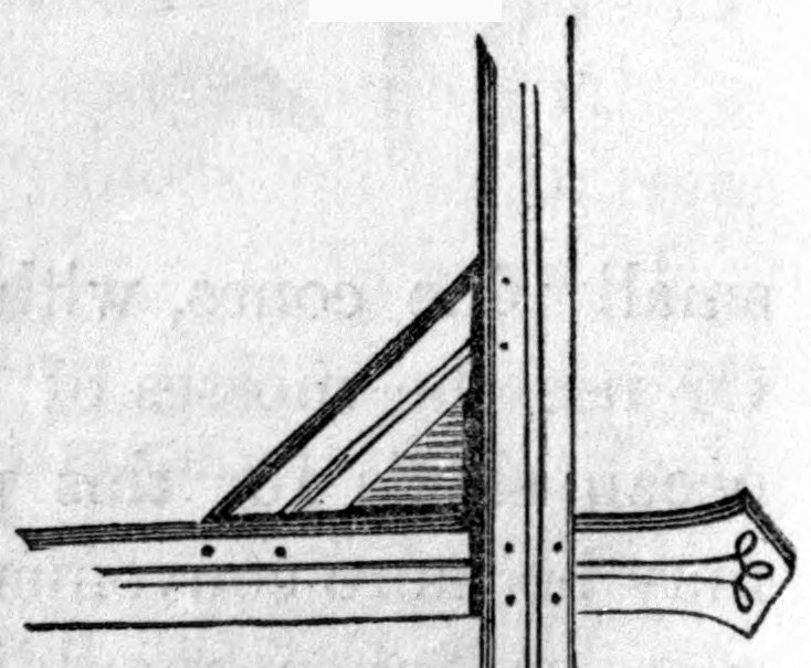 Fig. 43. — Corner detail of a plain wooden frame: an upright board crossed by a horizontal board with a carved, pointed end, and a small triangular bracket nailed into the angle.