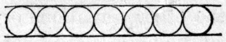 Fig. 51. — Diagram of a microscopic muscular fibre at rest: a row of seven round cells in a chain, touching one another between two parallel lines.