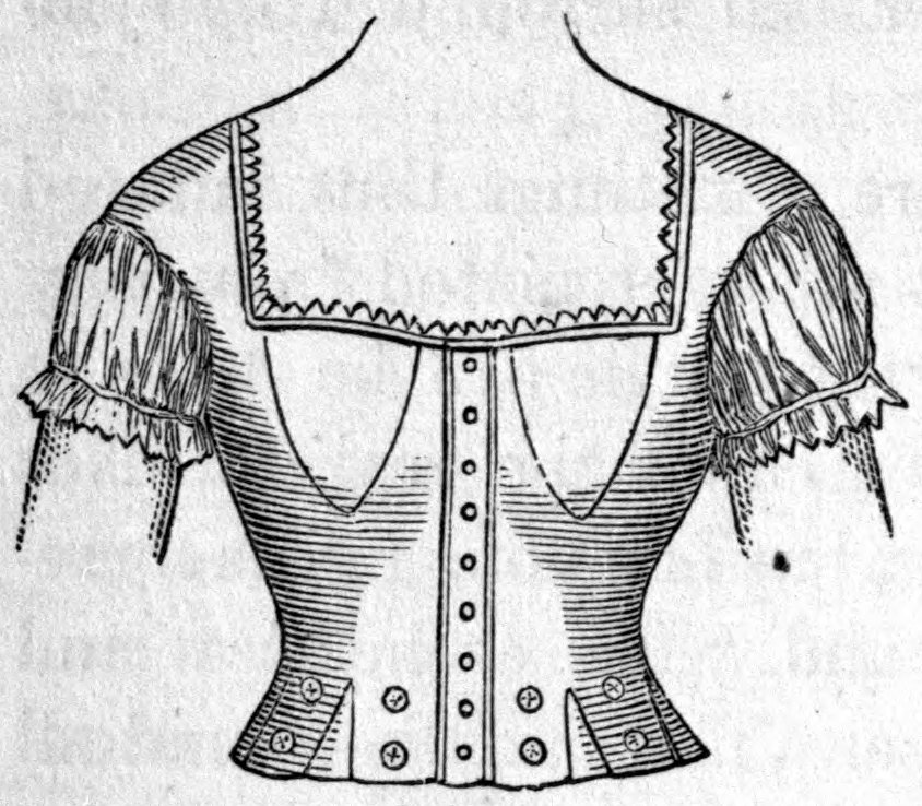 Fig. 62. — Front of the jacket meant to replace the corset: a close-fitting bodice with a row of buttons down the centre, a square lace-edged neckline, short gathered sleeves, and buttons at the waist for skirts.