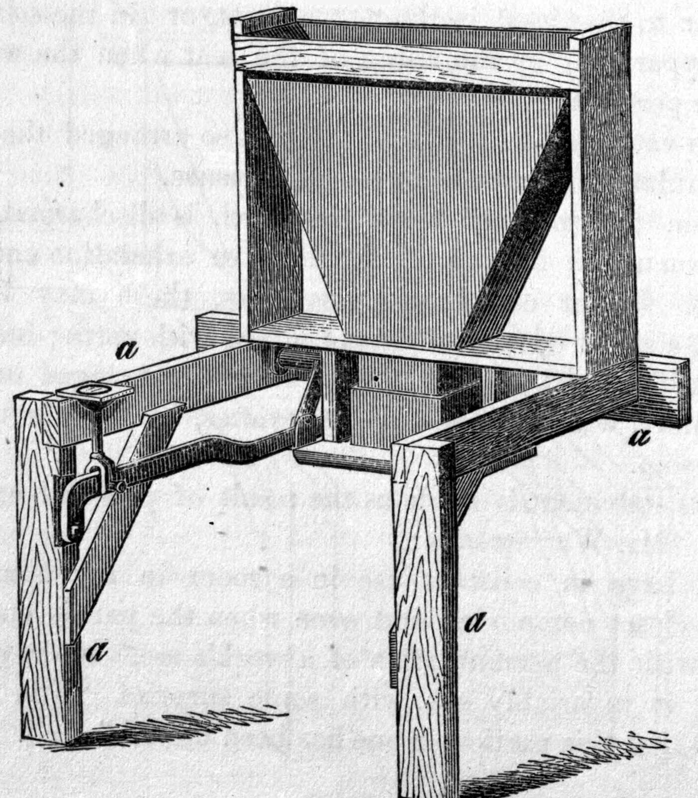 Fig. 67. — The earth-closet mechanism: a hopper-shaped reservoir held in a wooden frame behind the seat, resting on the framework a, with an iron lever at the side that works the box below.