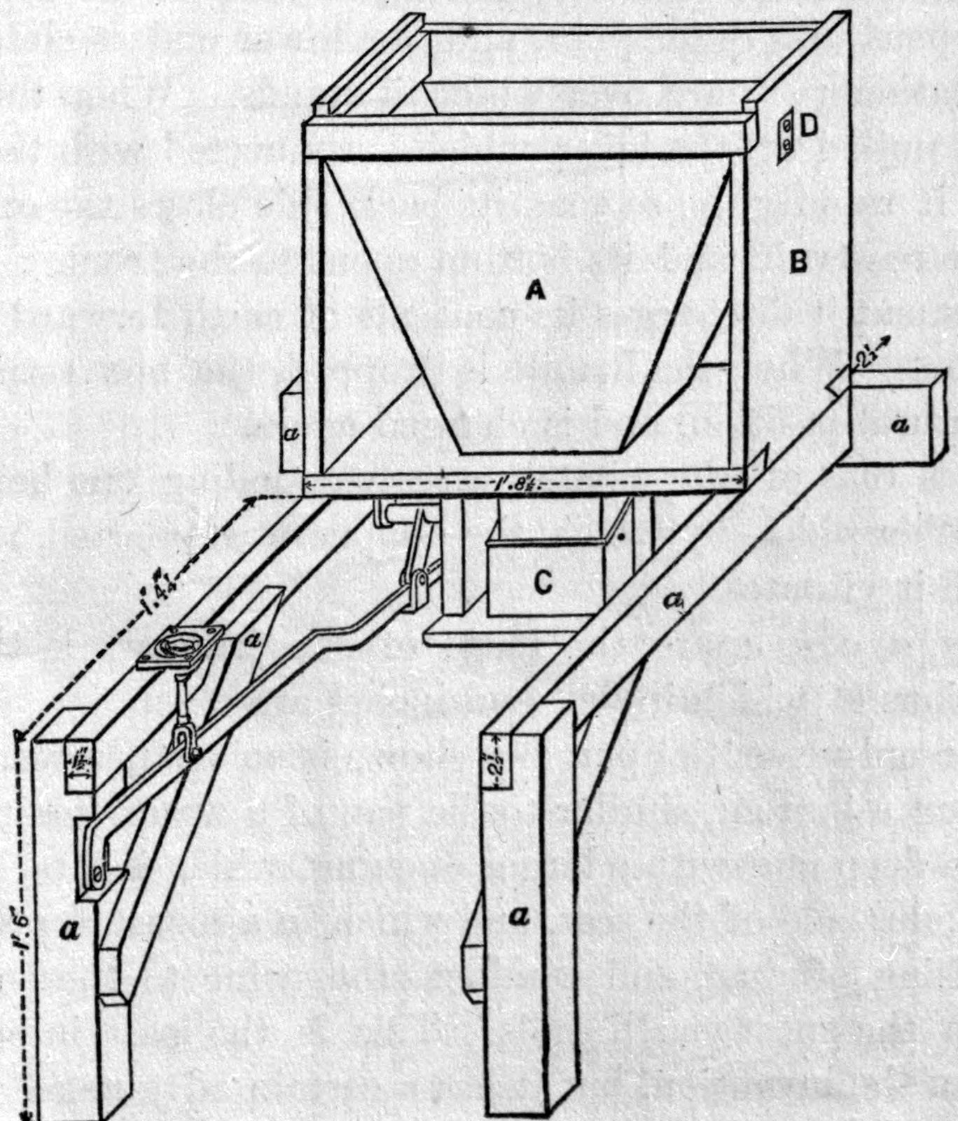 Fig. 68. THE "PULL-UP" APPARATUS. — Outline drawing of the same mechanism with measurements: the hopper-shaped reservoir, A, in its frame, B, the measuring box, C, below it, and the lifting lever and supports, a, at the side.