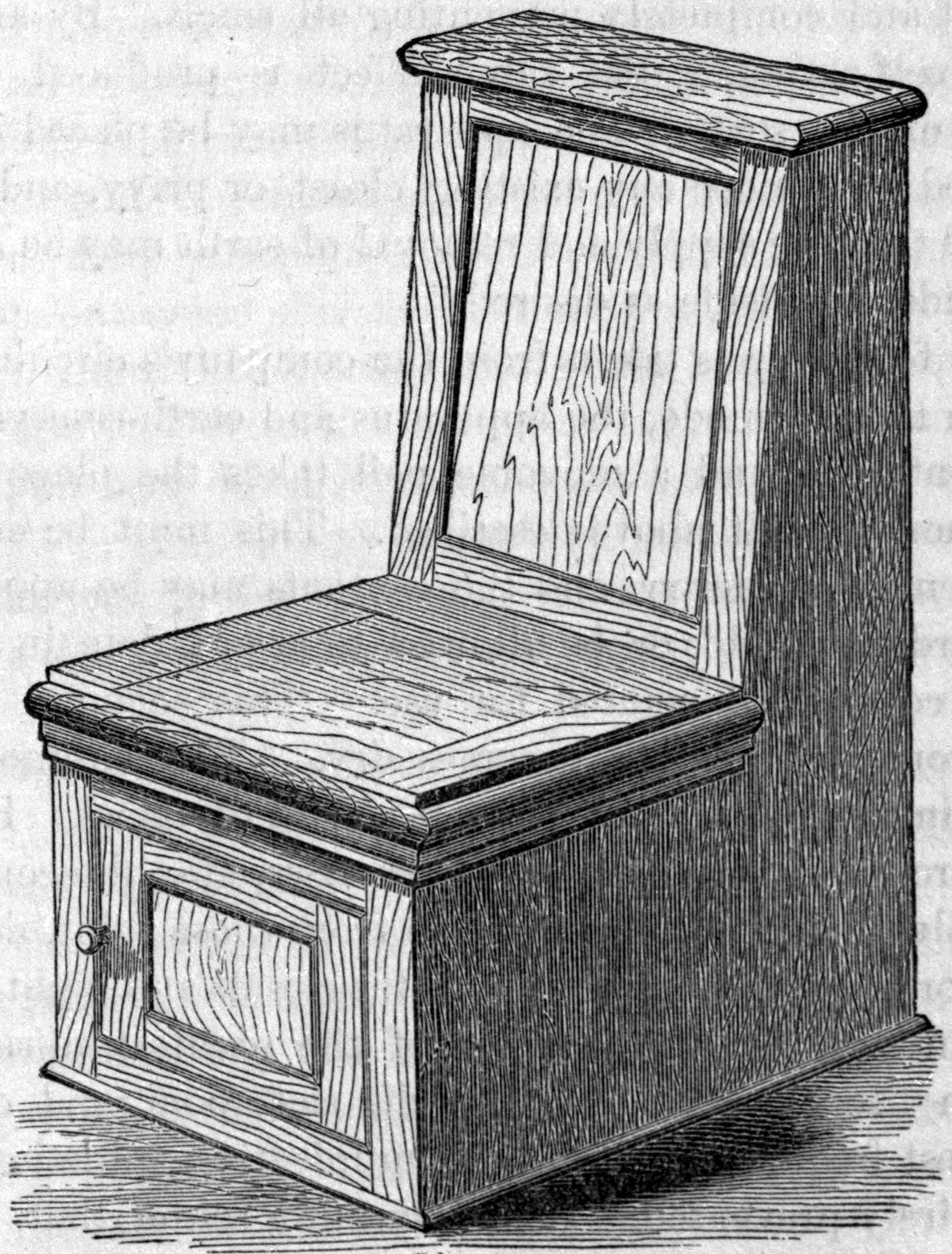 Fig. 69. Commode, 3 ft. 3 in. high, 1 ft. 11 in. wide, 2 ft. 2 in. deep. — The earth-closet commode, a wooden box-seat with a hinged lid, a tall paneled back that holds the earth reservoir, and a small knobbed door in the front of the base.