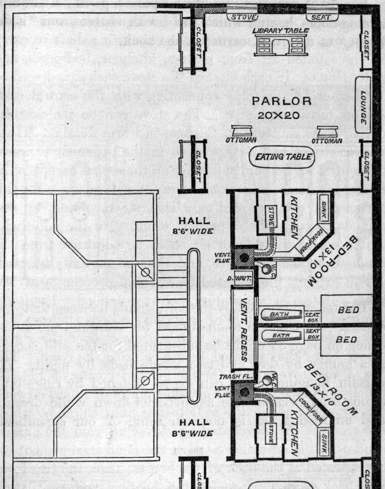 Fig. 71. — Ground plan of the combined apartments: a twenty-by-twenty parlor with library table, lounge, ottomans and closets, beside a hall and stair, with kitchens, baths and bed-rooms off the hall.