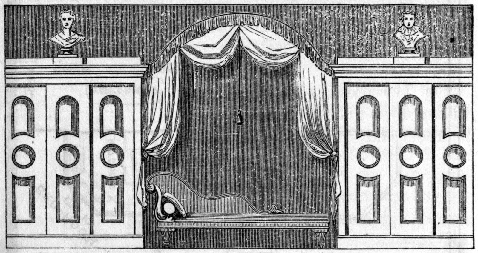Fig. 72. — One side of the parlor: a sofa in a recess under a looped curtain, between two closets with tall paneled sliding doors, each closet topped with a bust.