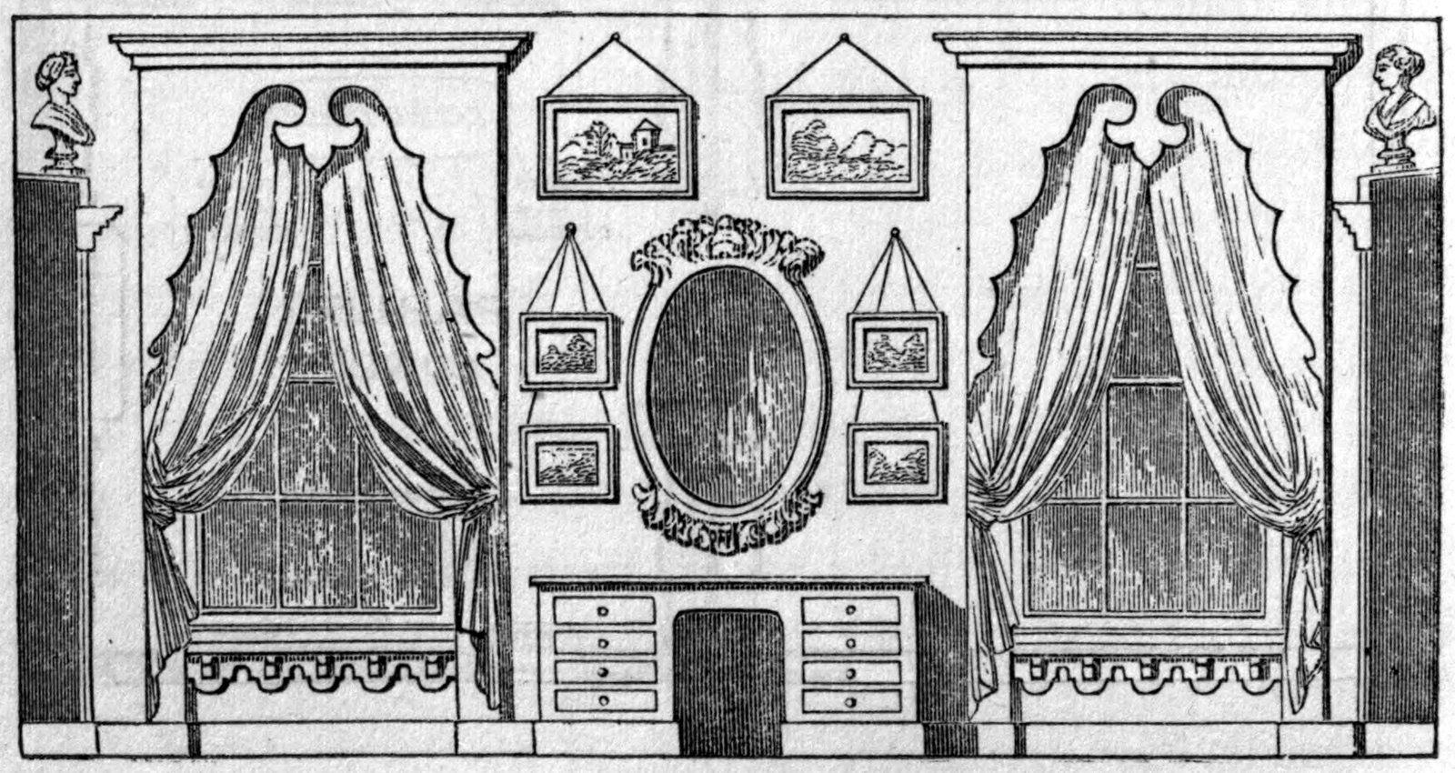Fig. 73. — Another side of the same parlor: two curtained windows, each with a cushioned seat in its recess, and between them a study-table with drawers, an oval mirror and four small framed pictures.