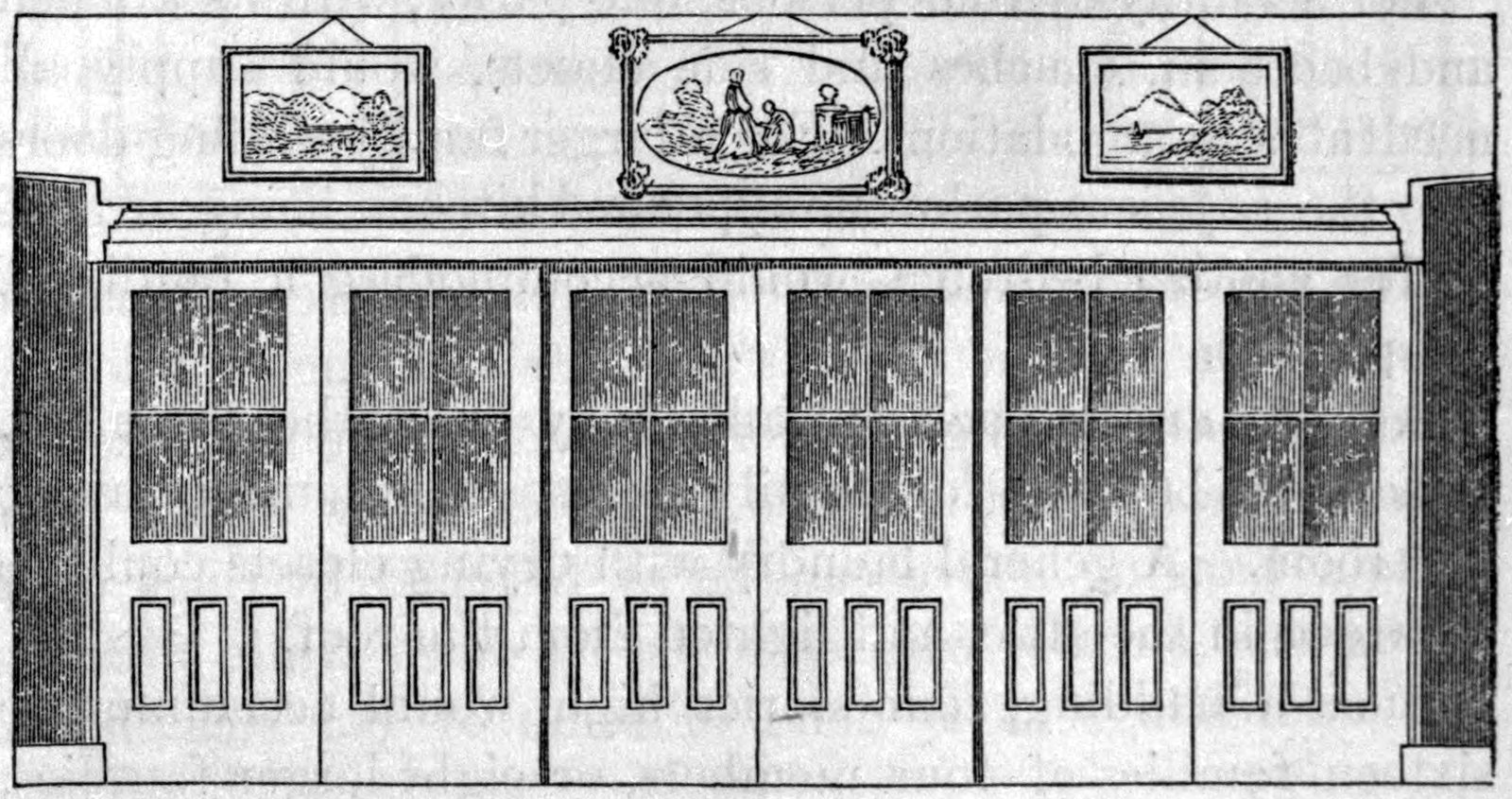 Fig. 74. — Third side of the parlor: a wall of six sliding doors, glazed in their upper halves and paneled below, with three framed pictures hung above, the middle one showing two figures.