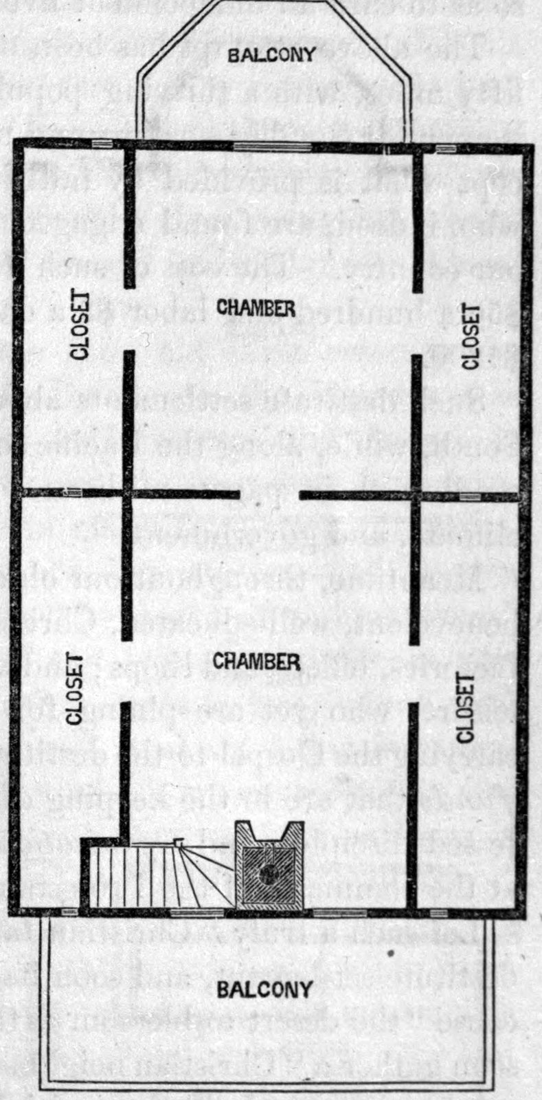 Fig. 77. — Plan of the chapel upper floor: two chambers, each with a large closet on either side, a stair and chimney at one end, and a balcony at the front and at the back.