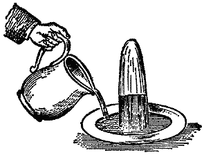 A column of salt standing in a plate of coloured brine. The liquid creeps up through the porous salt to the top — the plate standing for the candle, the salt for the wick, and the liquid for the melted tallow.