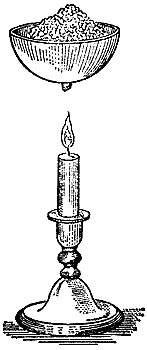 The candle burning beneath a dish cooled with ice and salt. A drop of water — condensed out of the candle's own products — hangs from the underside.