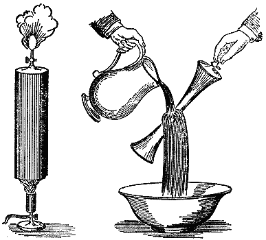 On the left, the tin vessel with steam streaming out of it. On the right, cold water being poured over the closed flask of steam, which collapses as the steam turns back to water and leaves a vacuum inside.