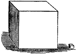 A cubic foot, with a cubic inch standing beside it. The small cube's worth of water expands into the whole of the large cube as steam.
