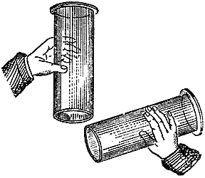 The jar of the light gas held mouth upward beneath a jar of air held above it. The gas rises out of the lower jar into the upper one, leaving nothing but air behind.