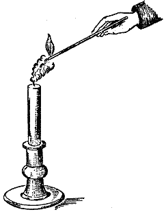 The steady flame of a candle under a glass shade — a bright oblong, brighter at the top than towards the bottom, with the wick up the middle and darker regions low down where the burning is less complete.