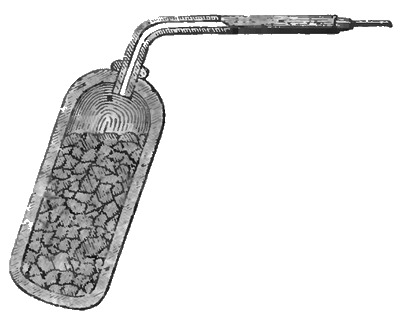 The iron retort charged with black oxide of manganese, with its delivery tube, ready to be set in the fire. Made red hot, the mineral gives off oxygen.