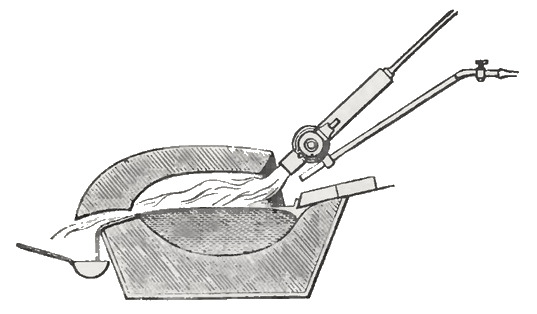 The vessel in which the platinum-bearing lead is heated and air thrown on its surface. The lead oxidises, the litharge runs out in a molten stream into the vessel set to catch it, and the platinum remains behind.