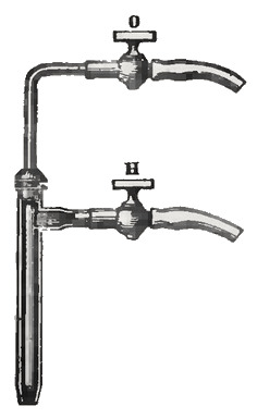 One of Deville's blowpipes, with its two pipes — one leading to the coal gas, the other to the oxygen — which together give a flame hot enough to melt platinum.