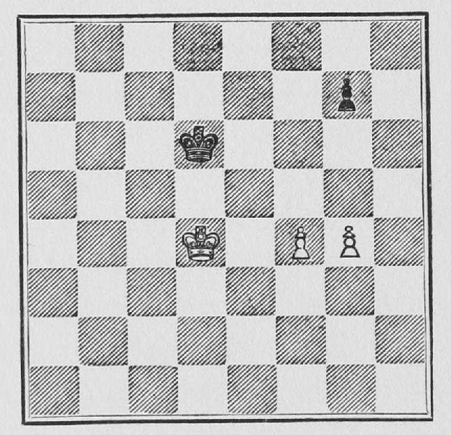 White: King d4, Pawns f4, g4. Black: King d6, Pawn g7.