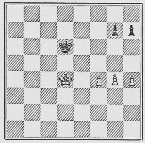 White: King d4, Pawns f4, g4, h4. Black: King d6, Pawns g7, h7.