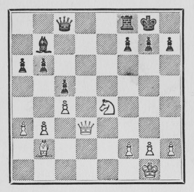 White: King g1, Queen d3, Bishop b2, Knight e4, Pawns a3, b3, c4, f2, g2, h2. Black: King g8, Queen c8, Rook f8, Bishop b7, Pawns a6, b6, c5, f7, g7, h7.