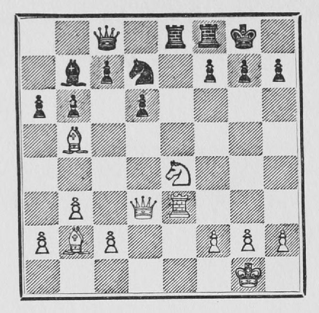 White: King g1, Queen d3, Rook e3, Bishops b2, b5, Knight e4, Pawns a2, b3, c2, f2, g2, h2. Black: King g8, Queen c8, Rooks e8, f8, Bishop b7, Knight d7, Pawns a6, b6, c7, d6, f7, g7, h7.