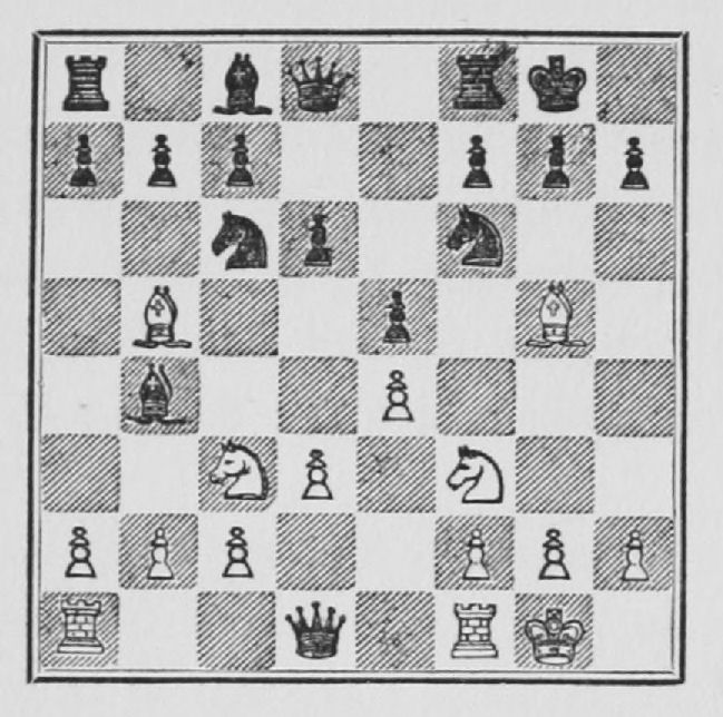 White: King g1, Queen d1 (printed dark in the diagram), Rooks a1, f1, Bishops b5, g5, Knights c3, f3, Pawns a2, b2, c2, d3, e4, f2, g2, h2. Black: King g8, Queen d8, Rooks a8, f8, Bishops b4, c8, Knights c6, f6, Pawns a7, b7, c7, d6, e5, f7, g7, h7.