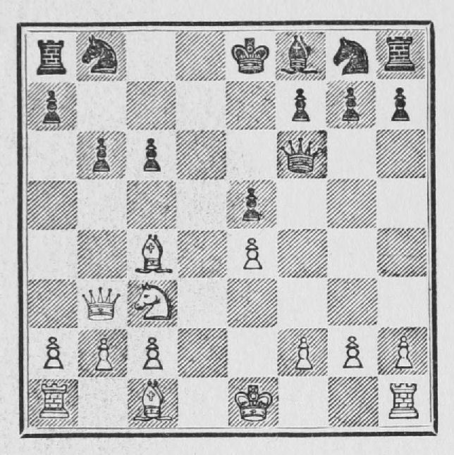 White: King e1, Queen b3, Rooks a1, h1, Bishops c1, c4, Knight c3, Pawns a2, b2, c2, e4, f2, g2, h2. Black: King e8, Queen f6, Rooks a8, h8, Bishop f8, Knights b8, g8, Pawns a7, b6, c6, e5, f7, g7, h7.