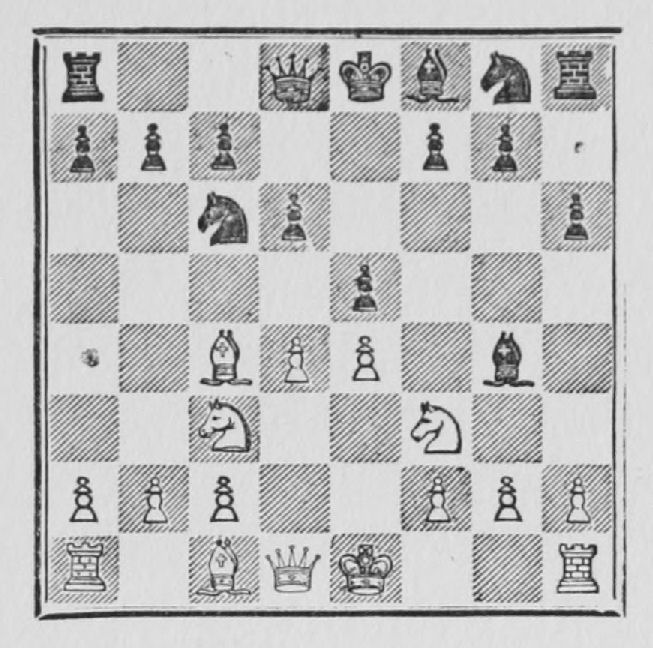 White: King e1, Queen d1, Rooks a1, h1, Bishops c1, c4, Knights c3, f3, Pawns a2, b2, c2, d4, e4, f2, g2, h2. Black: King e8, Queen d8, Rooks a8, h8, Bishops f8, g4, Knights c6, g8, Pawns a7, b7, c7, d6, e5, f7, g7, h6.