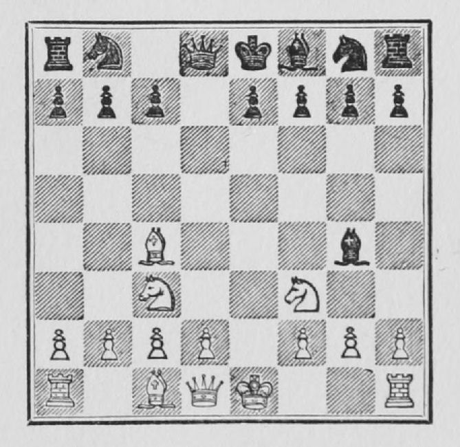 White: King e1, Queen d1, Rooks a1, h1, Bishops c1, c4, Knights c3, f3, Pawns a2, b2, c2, d2, f2, g2, h2. Black: King e8, Queen d8, Rooks a8, h8, Bishops f8, g4, Knights b8, g8, Pawns a7, b7, c7, e7, f7, g7, h7.