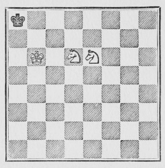 White: King b6, Knights d6, e6. Black: King a8.