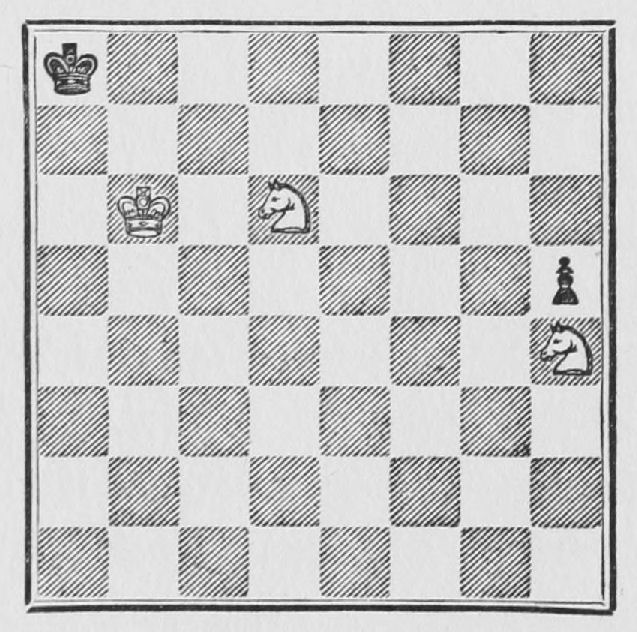 White: King b6, Knights d6, h4. Black: King a8, Pawn h5.