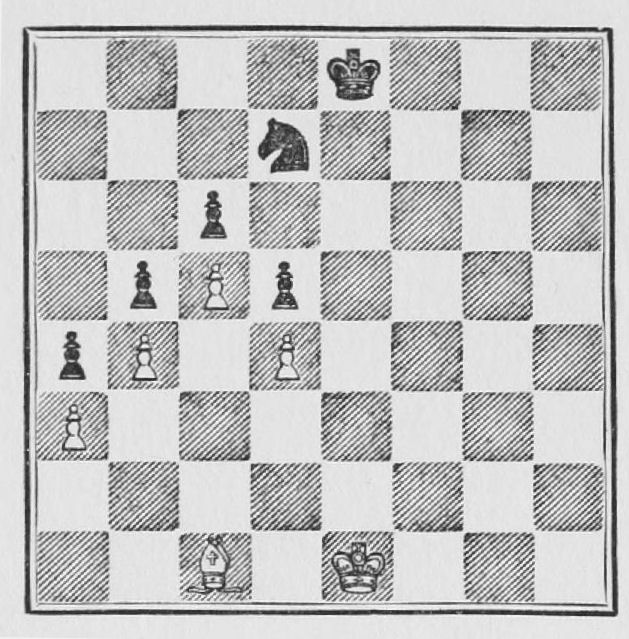 White: King e1, Bishop c1, Pawns a3, b4, c5, d4. Black: King e8, Knight d7, Pawns a4, b5, c6, d5.