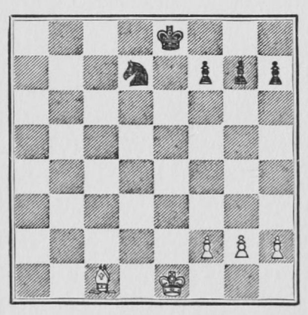 White: King e1, Bishop c1, Pawns f2, g2, h2. Black: King e8, Knight d7, Pawns f7, g7, h7.