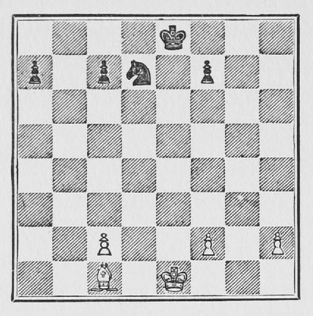 White: King e1, Bishop c1, Pawns c2, f2, h2. Black: King e8, Knight d7, Pawns a7, c7, f7.