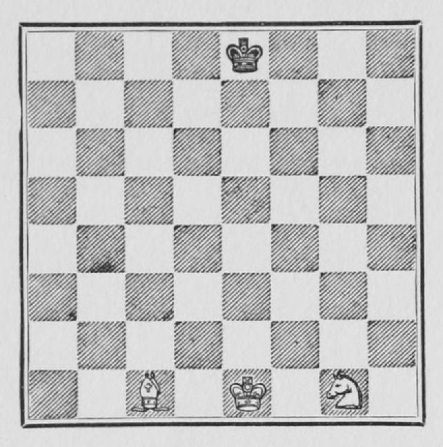 White: King e1, Bishop c1, Knight g1. Black: King e8.