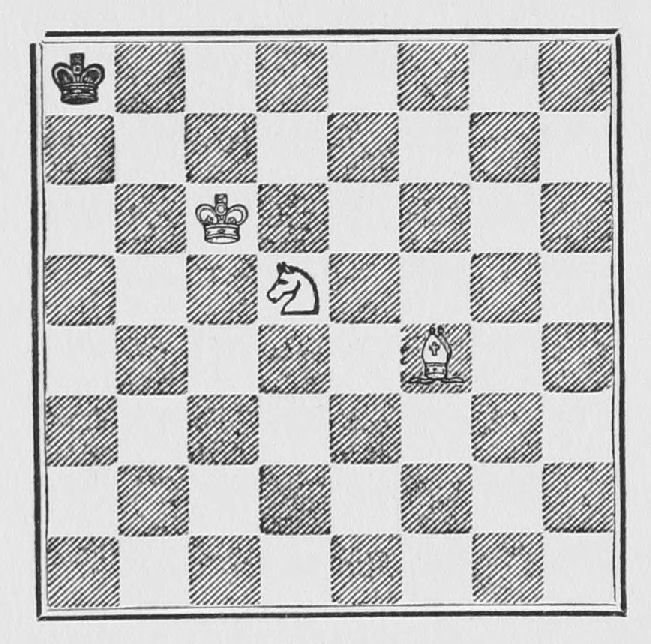 White: King c6, Bishop f4, Knight d5. Black: King a8.