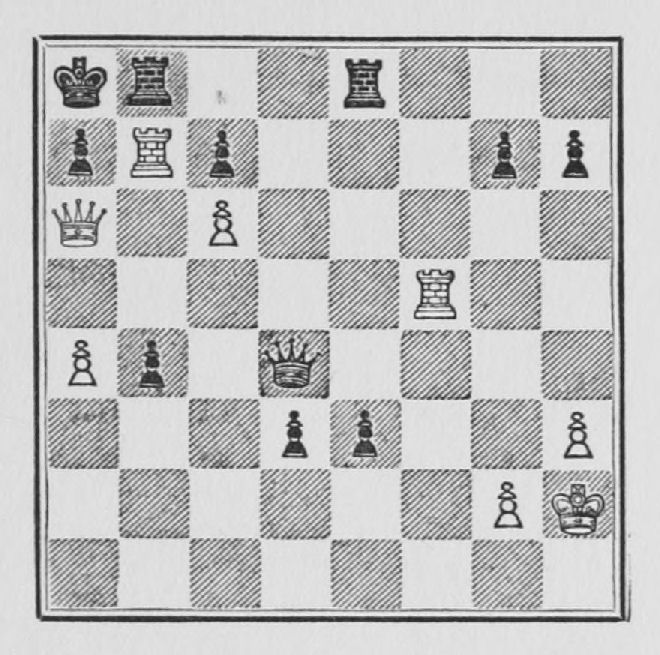 White: King h2, Queen a6, Rooks b7, f5, Pawns a4, c6, g2, h3. Black: King a8, Queen d4, Rooks b8, e8, Pawns a7, b4, c7, d3, e3, g7, h7.