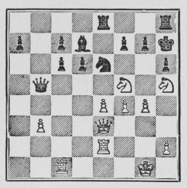 White: King g1, Queen e3, Rooks c1, e2, Knights f5, h5, Pawns b3, e4, f4, g4, h2. Black: King h7, Queen b5, Rooks e8, h8, Bishop d7, Knight e6, Pawns a7, c6, c7, d6, f7, g7, h6.