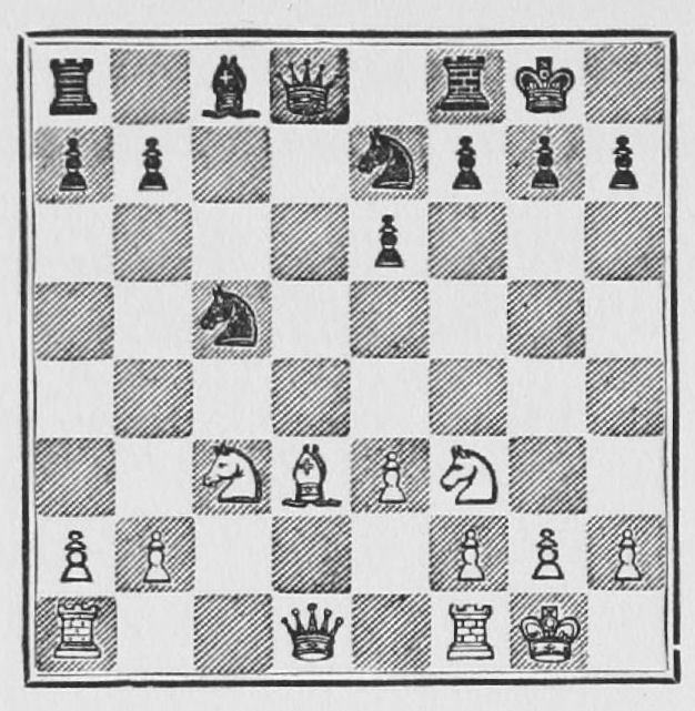 White: King g1, Queen d1, Rooks a1, f1, Bishop d3, Knights c3, f3, Pawns a2, b2, e3, f2, g2, h2. Black: King g8, Queen d8, Rooks a8, f8, Bishop c8, Knights c5, e7, Pawns a7, b7, e6, f7, g7, h7.