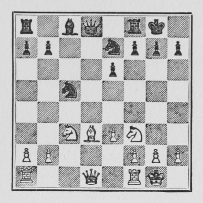 White: King g1, Queen d1, Rooks a1, f1, Bishop d3, Knights c3, f3, Pawns a2, b2, e3, f2, g2, h2. Black: King g8, Queen d8, Rooks a8, f8, Bishop c8, Knights c5, e7, Pawns a7, b7, e6, f7, g7, h7.