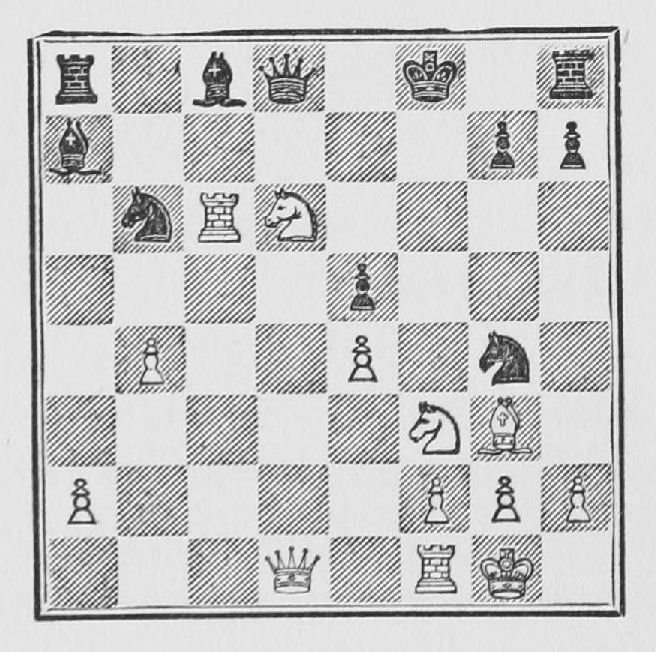 White: King g1, Queen d1, Rooks c6, f1, Bishop g3, Knights d6, f3, Pawns a2, b4, e4, f2, g2, h2. Black: King f8, Queen d8, Rooks a8, h8, Bishops a7, c8, Knights b6, g4, Pawns e5, g7, h7.