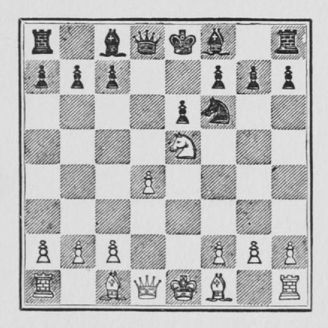 White: King e1, Queen d1, Rooks a1, h1, Bishops c1, f1, Knight e5, Pawns a2, b2, c2, d4, f2, g2, h2. Black: King e8, Queen d8, Rooks a8, h8, Bishops c8, f8, Knight f6, Pawns a7, b7, c7, e6, f7, g7, h7.
