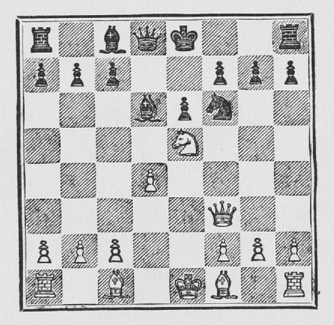 White: King e1, Queen f3, Rooks a1, h1, Bishops c1, f1, Knight e5, Pawns a2, b2, c2, d4, f2, g2, h2. Black: King e8, Queen d8, Rooks a8, h8, Bishops c8, d6, Knight f6, Pawns a7, b7, c7, e6, f7, g7, h7.