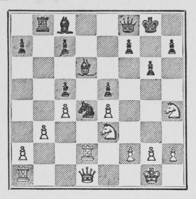 White: King g1, Queen d1, Rooks a1, d2, Knights e3, h4, Pawns a2, b3, c4, e4, f2, g2, h2. Black: King g8, Queen f8, Rook b8, Bishops c8, d6, Knight d4, Pawns a7, c5, c7, e5, f7, g6, h7.
