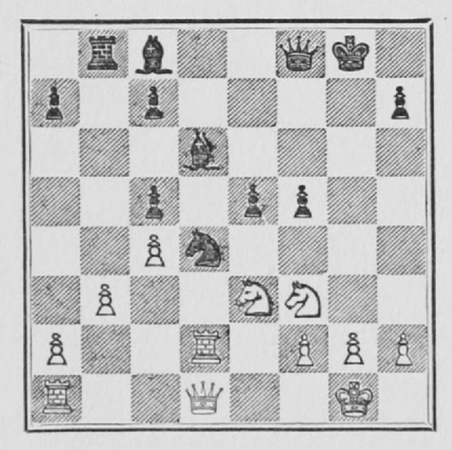 White: King g1, Queen d1, Rooks a1, d2, Knights e3, f3, Pawns a2, b3, c4, f2, g2, h2. Black: King g8, Queen f8, Rook b8, Bishops c8, d6, Knight d4, Pawns a7, c5, c7, e5, f5, h7.