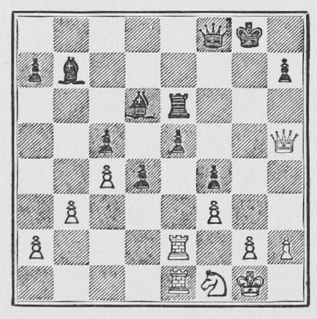 White: King g1, Queen h5, Rooks e1, e2, Knight f1, Pawns a2, b3, c4, f3, g2, h2. Black: King g8, Queen f8, Rook e6, Bishops b7, d6, Pawns a7, c5, d4, e5, f4, h7.