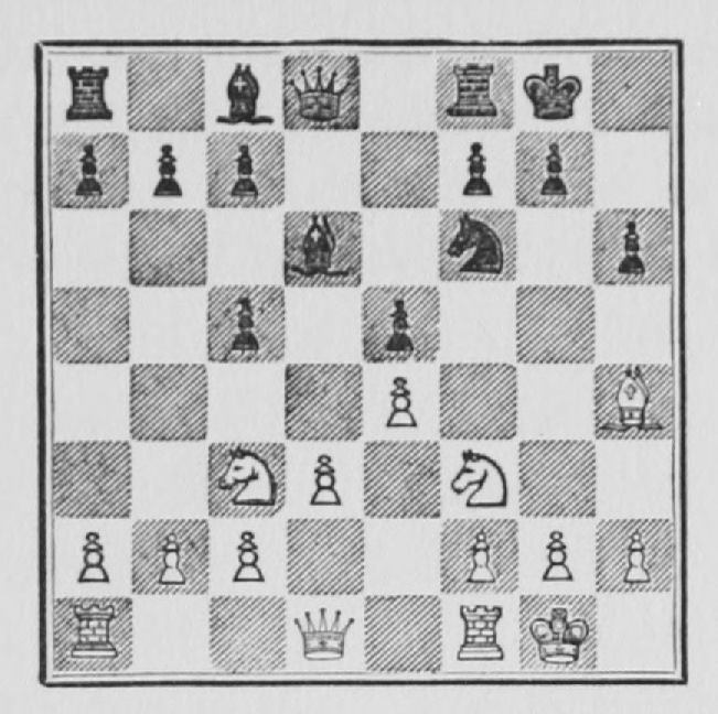 White: King g1, Queen d1, Rooks a1, f1, Bishop h4, Knights c3, f3, Pawns a2, b2, c2, d3, e4, f2, g2, h2. Black: King g8, Queen d8, Rooks a8, f8, Bishops c8, d6, Knight f6, Pawns a7, b7, c5, c7, e5, f7, g7, h6.
