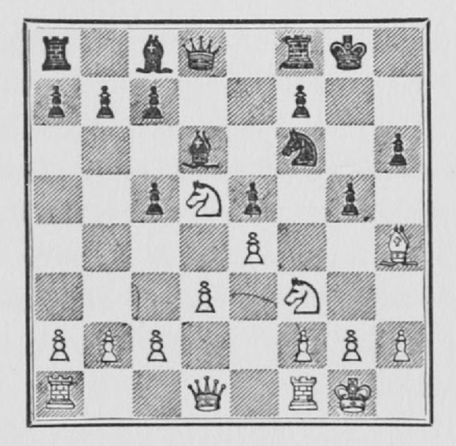 White: King g1, Queen d1, Rooks a1, f1, Bishop h4, Knights d5, f3, Pawns a2, b2, c2, d3, e4, f2, g2, h2. Black: King g8, Queen d8, Rooks a8, f8, Bishops c8, d6, Knight f6, Pawns a7, b7, c5, c7, e5, f7, g5, h6.